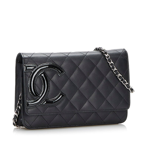 シャネル カンボンライン チェーン ショルダーバッグ ウォレットチェーン ブラック レザー エナメル レディース CHANEL 【中古】