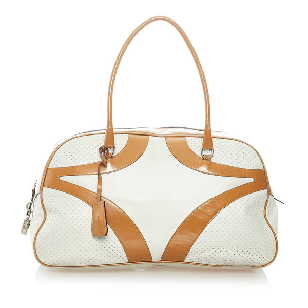 プラダ ボーリング ハンドバッグ ホワイト ブラウン レザー レディース PRADA 【中古】