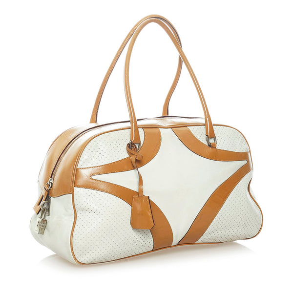 プラダ ボーリング ハンドバッグ ホワイト ブラウン レザー レディース PRADA 【中古】
