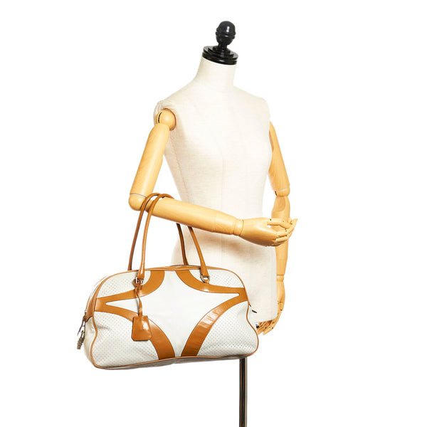 プラダ ボーリング ハンドバッグ ホワイト ブラウン レザー レディース PRADA 【中古】