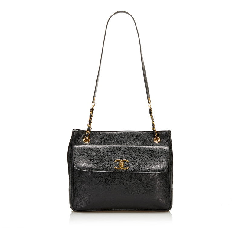 シャネル チェーン トートバッグ ショルダーバッグ ブラック ゴールド キャビアスキン レディース CHANEL 【中古】