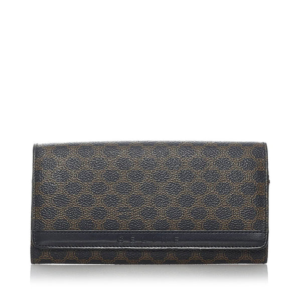 セリーヌ マカダム ブラック ブラウン PVC レザー 長財布 レディース CELINE 【中古】