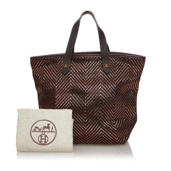 エルメス カバ チェンナイ ハンドバッグ ブラウン ゴールド レザー ポリエステル レディース HERMES 【中古】