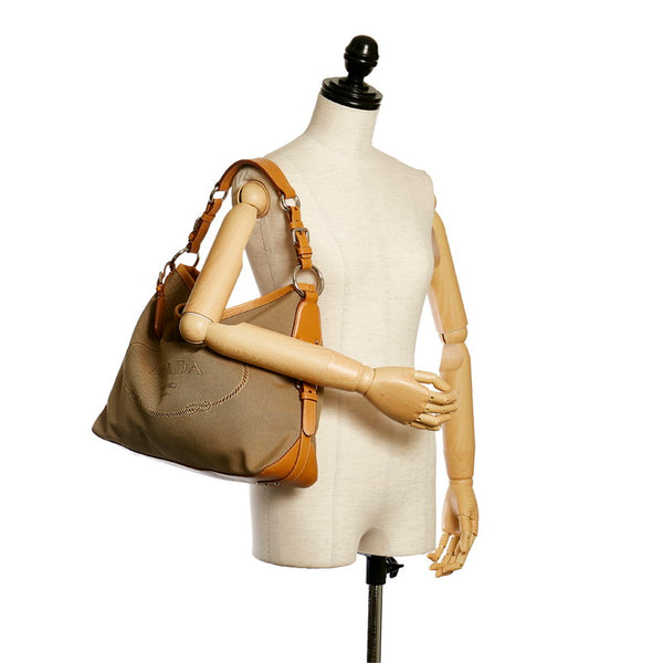 プラダ ロゴジャガード ハンドバッグ BR3438 ベージュ ブラウン キャンバス レザー レディース PRADA 【中古】