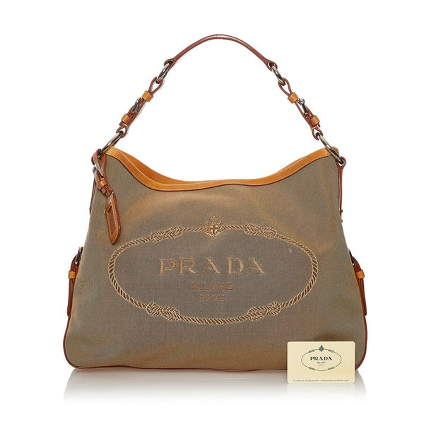 プラダ ロゴジャガード ハンドバッグ BR3438 ベージュ ブラウン キャンバス レザー レディース PRADA 【中古】