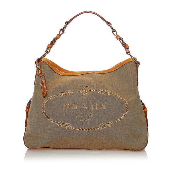 プラダ ロゴジャガード ハンドバッグ BR3438 ベージュ ブラウン キャンバス レザー レディース PRADA 【中古】