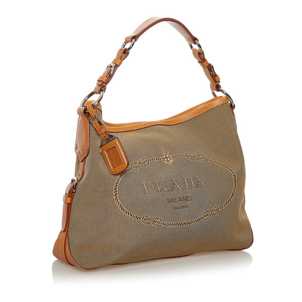 プラダ ロゴジャガード ハンドバッグ BR3438 ベージュ ブラウン キャンバス レザー レディース PRADA 【中古】