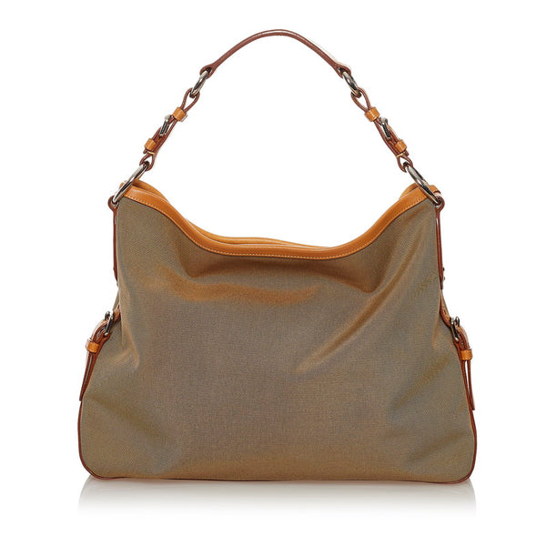 プラダ ロゴジャガード ハンドバッグ BR3438 ベージュ ブラウン キャンバス レザー レディース PRADA 【中古】