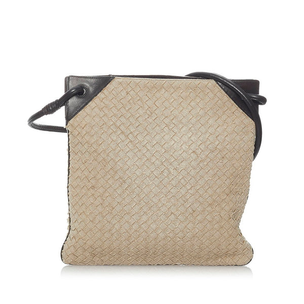 ボッテガヴェネタ イントレチャート ショルダーバッグ ベージュ ブラック キャンバス レザー レディース BOTTEGAVENETA 【中古】