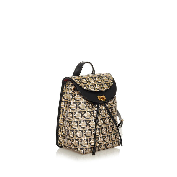 サルヴァトーレフェラガモ ガンチーニ リュック バックパック FZ-21　H987 ベージュ ブラック PVC レザー レディース Salvatore Ferragamo 【中古】