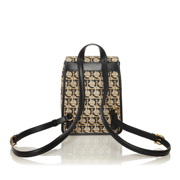 サルヴァトーレフェラガモ ガンチーニ リュック バックパック FZ-21　H987 ベージュ ブラック PVC レザー レディース Salvatore Ferragamo 【中古】