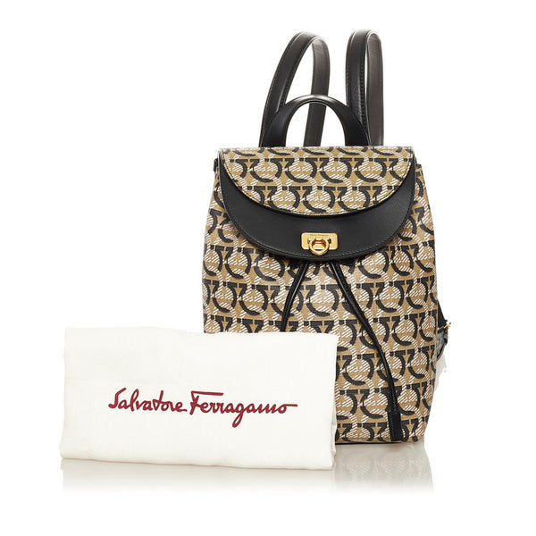 サルヴァトーレフェラガモ ガンチーニ リュック バックパック FZ-21　H987 ベージュ ブラック PVC レザー レディース Salvatore Ferragamo 【中古】