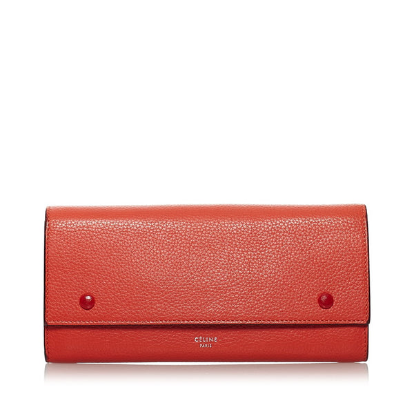 セリーヌ ラージフラップ マルチファンクション 二つ折り財布 長財布 オレンジ レザー レディース CELINE 【中古】