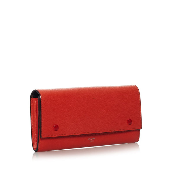 セリーヌ ラージフラップ マルチファンクション 二つ折り財布 長財布 オレンジ レザー レディース CELINE 【中古】