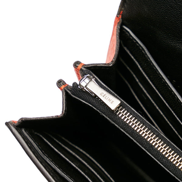 セリーヌ ラージフラップ マルチファンクション 二つ折り財布 長財布 オレンジ レザー レディース CELINE 【中古】