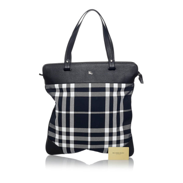 バーバリー チェック トートバッグ ブラック ホワイト キャンバス レザー レディース BURBERRY 【中古】