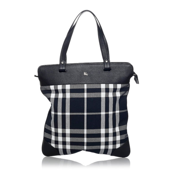 バーバリー チェック トートバッグ ブラック ホワイト キャンバス レザー レディース BURBERRY 【中古】