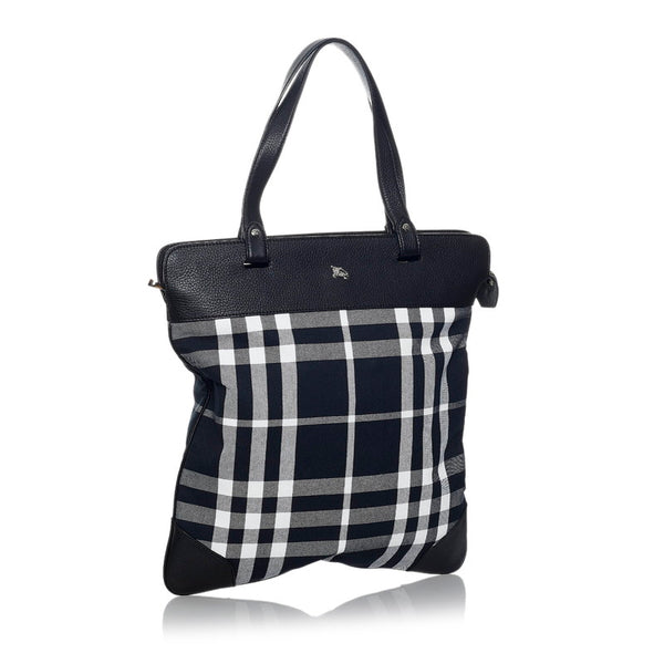 バーバリー チェック トートバッグ ブラック ホワイト キャンバス レザー レディース BURBERRY 【中古】