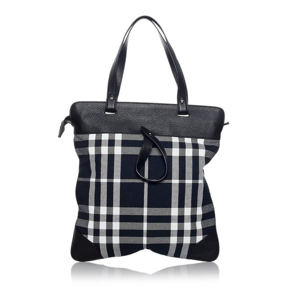 バーバリー チェック トートバッグ ブラック ホワイト キャンバス レザー レディース BURBERRY 【中古】