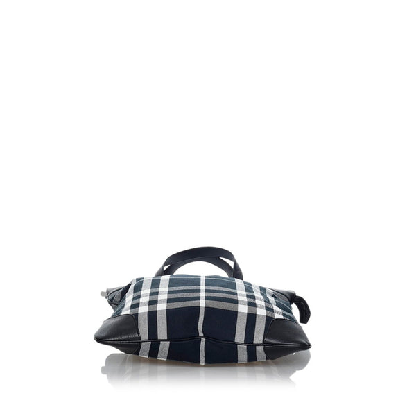 バーバリー チェック トートバッグ ブラック ホワイト キャンバス レザー レディース BURBERRY 【中古】