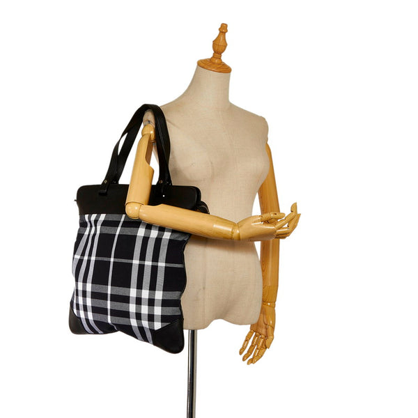 バーバリー チェック トートバッグ ブラック ホワイト キャンバス レザー レディース BURBERRY 【中古】