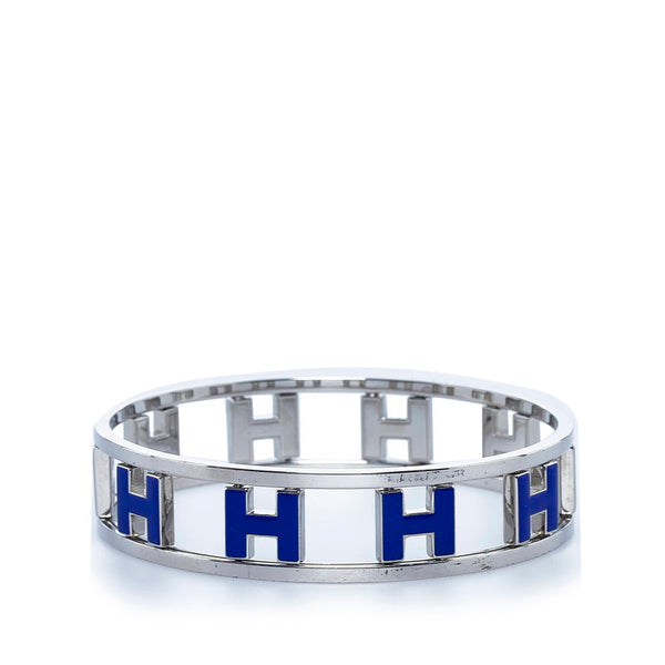 エルメス ロンドアッシュ H リバーシブル バングル ブレスレット シルバー ブルー メタル エナメル レディース HERMES 【中古】