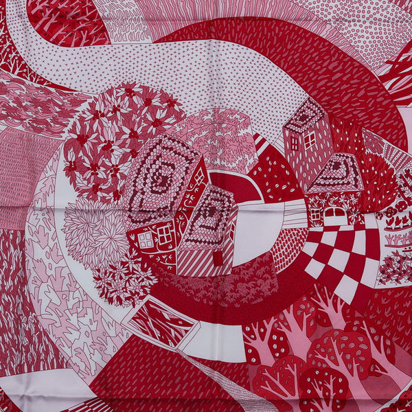 エルメス カレ90 Travers Champs 田園を通り抜けて スカーフ レッド マルチカラー シルク レディース HERMES 【中古】