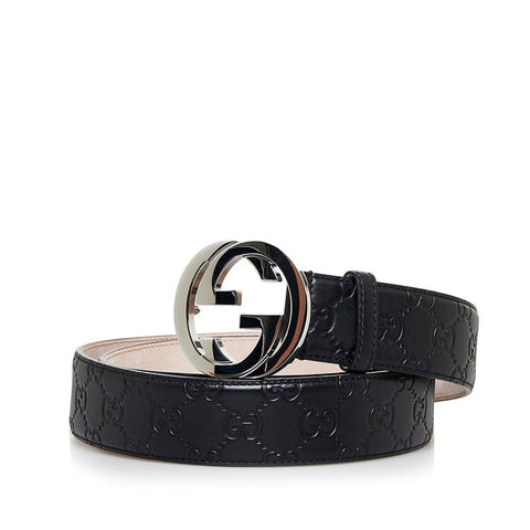 グッチ インターロッキングG グッチシマ 105 42 ベルト 525040 ブラック シルバー レザー メンズ GUCCI 【中古】