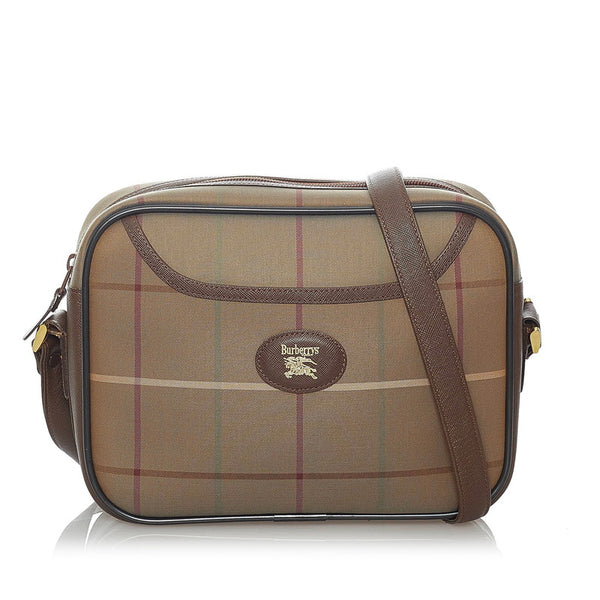 バーバリー チェック ショルダーバッグ 斜め掛け カーキ キャンバス レザー メンズ BURBERRY 【中古】