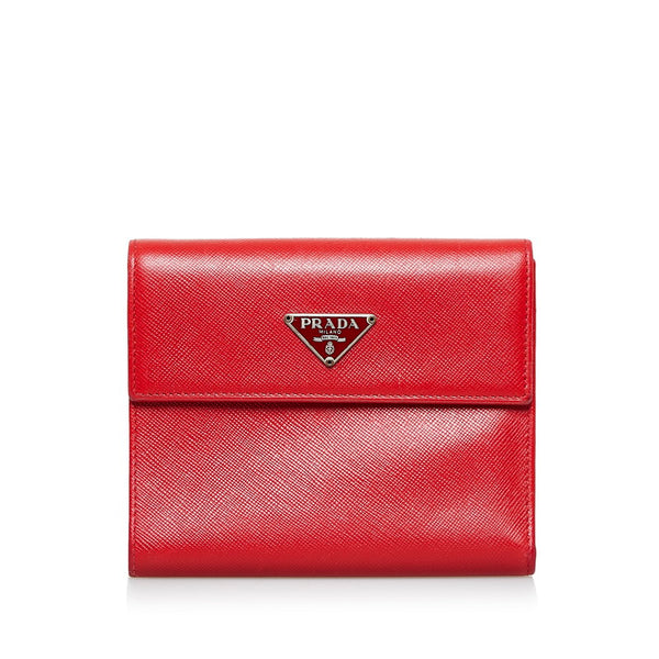 プラダ 三角ロゴプレート  三つ折り財布 レッド レザー レディース PRADA 【中古】