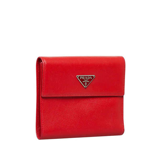 プラダ 三角ロゴプレート  三つ折り財布 レッド レザー レディース PRADA 【中古】
