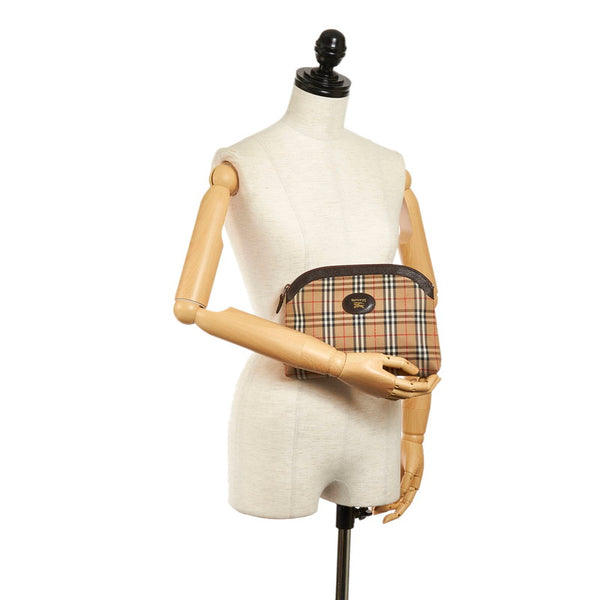 バーバリー ノバチェック シャドーホース ポーチ ブラウン キャンバス レザー レディース BURBERRY 【中古】