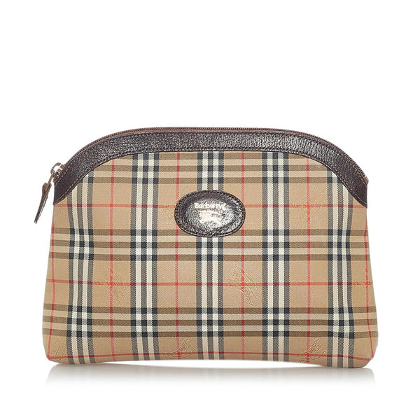 バーバリー ノバチェック シャドーホース ポーチ ブラウン キャンバス レザー レディース BURBERRY 【中古】