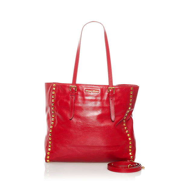 ミュウミュウ スタッズ トートバッグ ショルダーバッグ2way レッド レザー レディース MIUMIU 【中古】