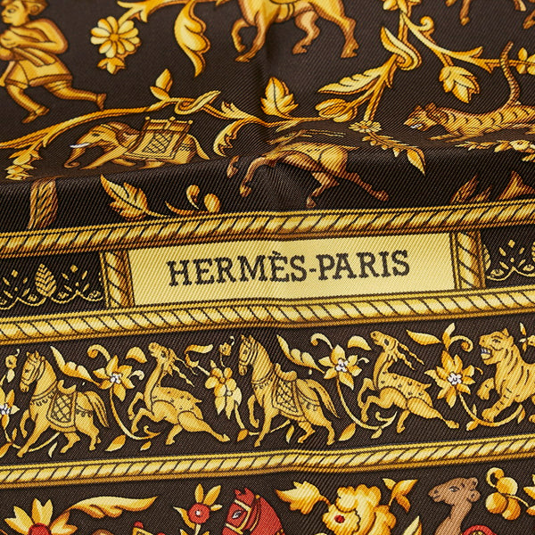 エルメス カレ90 CHASSE EN INDE インドの狩猟 スカーフ ブラウン マルチカラー シルク レディース HERMES 【中古】