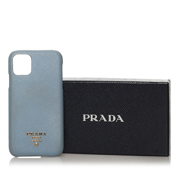 プラダ iPhone 11 Pro Max ケース ライトブルー レザー レディース PRADA 【中古】