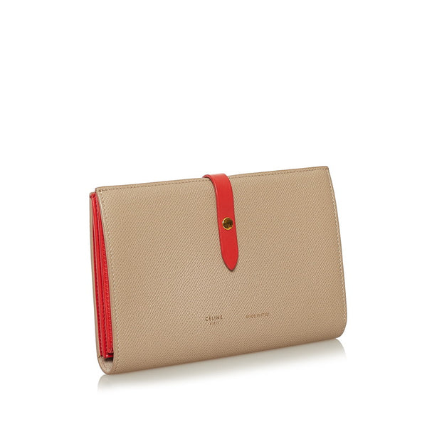 セリーヌ ラージ ストラップ ウォレット 長財布 ベージュ オレンジ レザー レディース CELINE 【中古】