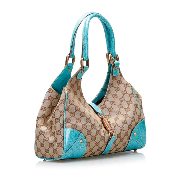 グッチ GGキャンバス ニュージャッキー ワンショルダーバッグ ハンドバッグ 124407 ベージュ ターコイズブルー キャンバス レザー レディース GUCCI 【中古】