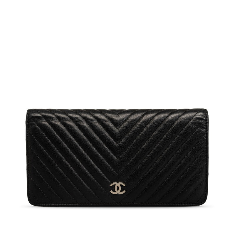 シャネル シェブロン ココマーク Vステッチ 長財布 ブラック シルバー ラムスキン レディース CHANEL 【中古】