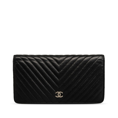 シャネル シェブロン ココマーク Vステッチ 長財布 ブラック シルバー ラムスキン レディース CHANEL 【中古】