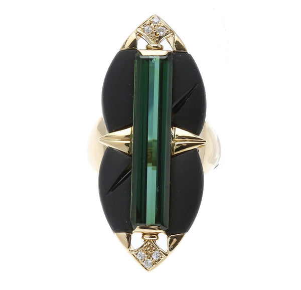 K18イエローゴールド トルマリン5.02ct ダイヤ0.06ct オニキス リング 指輪  12号 中古