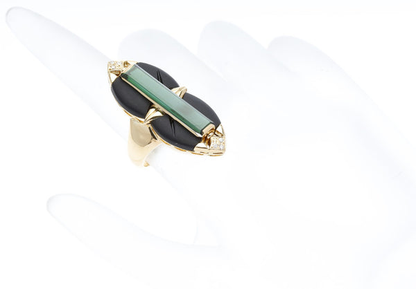 K18イエローゴールド トルマリン5.02ct ダイヤ0.06ct オニキス リング 指輪  12号 中古