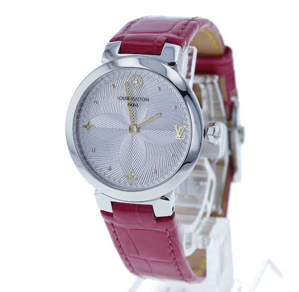 ルイ ヴィトン タンブール スリム メタリックフラワー PM QA014 レッド ステンレス レザー 腕時計 レディース LOUIS VUITTON クオーツ シルバー文字盤 【中古】