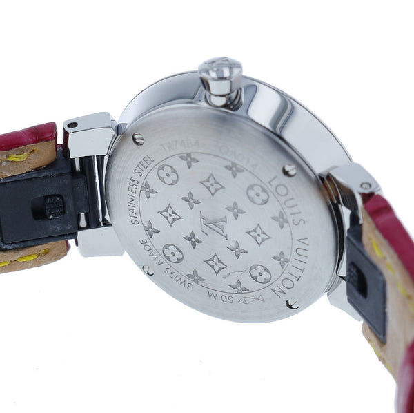 ルイ ヴィトン タンブール スリム メタリックフラワー PM QA014 レッド ステンレス レザー 腕時計 レディース LOUIS VUITTON クオーツ シルバー文字盤 【中古】
