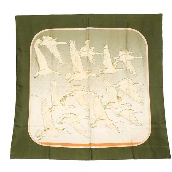エルメス カレ90 OISEAUX MIGRATEURS 渡り鳥 モスグリーン シルク スカーフ レディース HERMES 【中古】