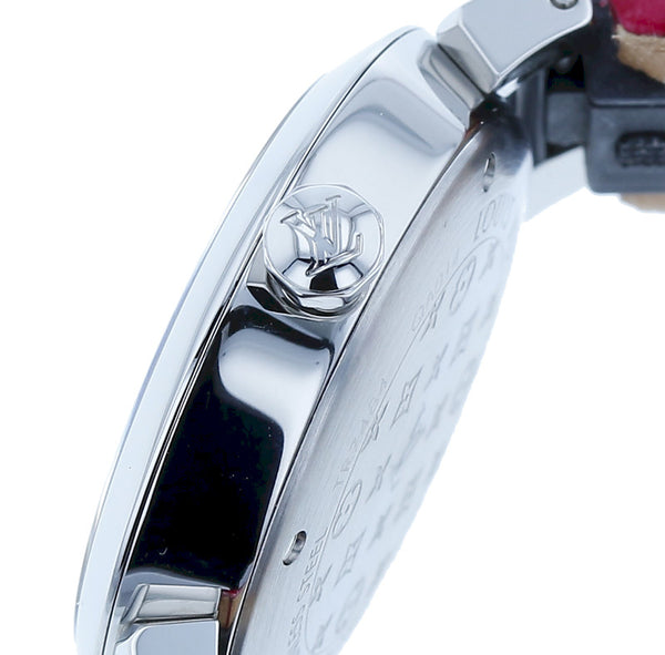 ルイ ヴィトン タンブール スリム メタリックフラワー PM QA014 レッド ステンレス レザー 腕時計 レディース LOUIS VUITTON クオーツ シルバー文字盤 【中古】