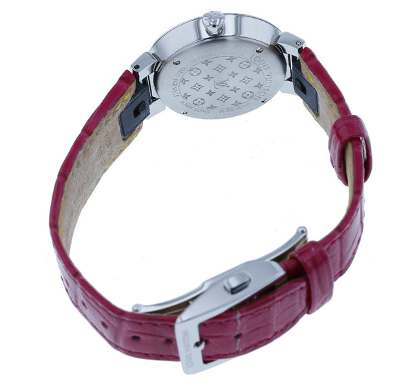 ルイ ヴィトン タンブール スリム メタリックフラワー PM QA014 レッド ステンレス レザー 腕時計 レディース LOUIS VUITTON クオーツ シルバー文字盤 【中古】