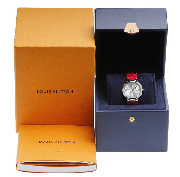 ルイ ヴィトン タンブール スリム メタリックフラワー PM QA014 レッド ステンレス レザー 腕時計 レディース LOUIS VUITTON クオーツ シルバー文字盤 【中古】