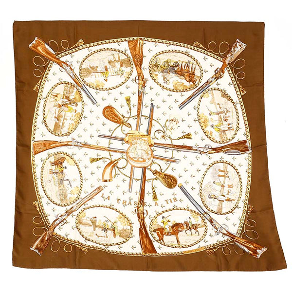 エルメス カレ90 La Chase A Tir 狩猟 カーキ ブラウン アイボリー シルク スカーフ レディース HERMES 【中古】