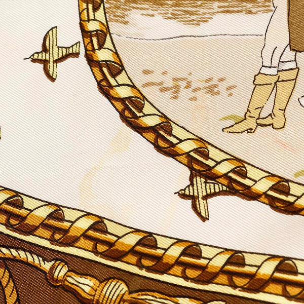 エルメス カレ90 La Chase A Tir 狩猟 カーキ ブラウン アイボリー シルク スカーフ レディース HERMES 【中古】